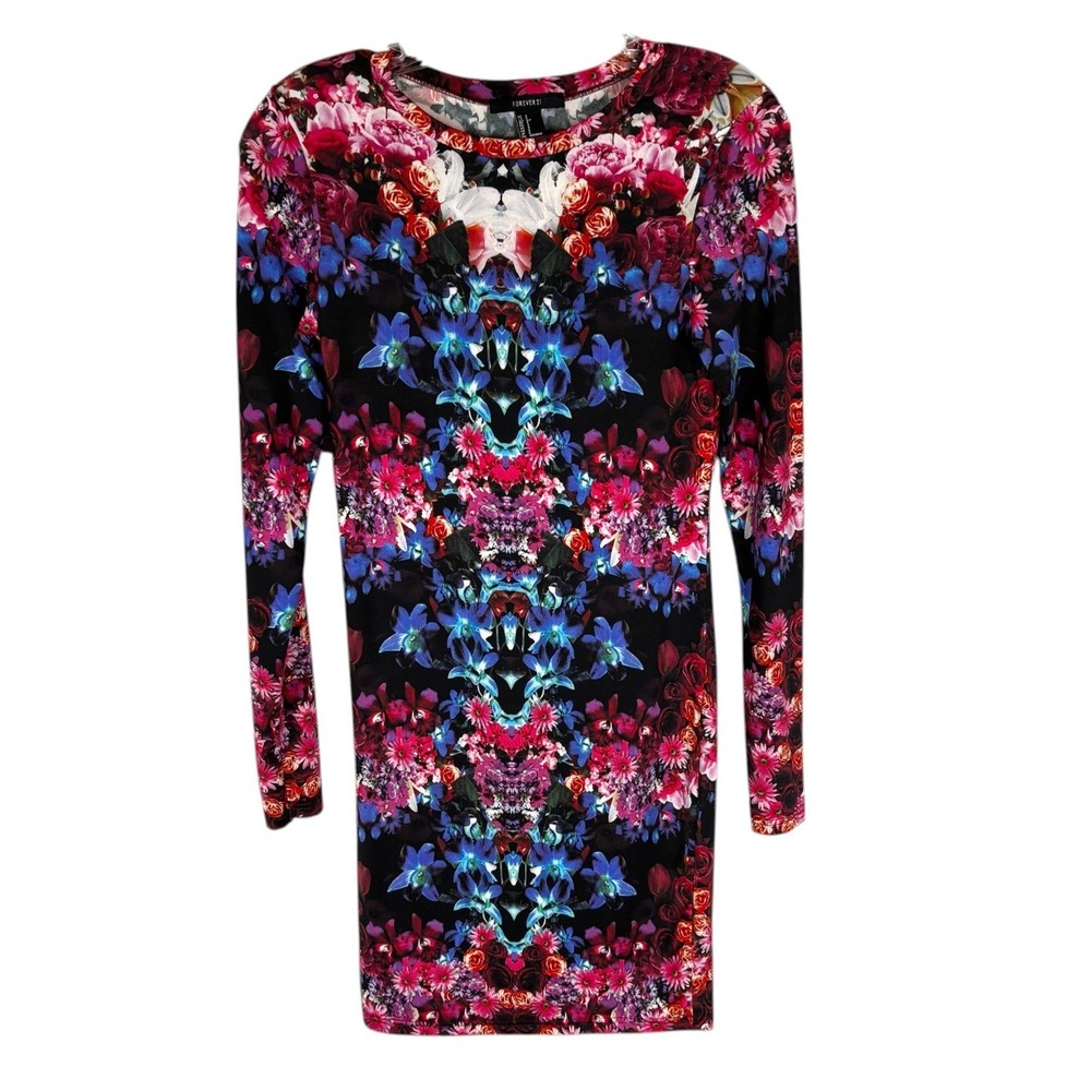 Forever 21 Floral Bodycon Dress S Long Sleeve Dark Floral Party Mini